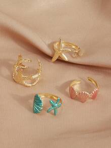 Ocean Starfish Shell Enamel Ring Set, Adjustable Open Stacking Rings, Summer Beach Vacation Jewelry For Women - Multicolor - View 3