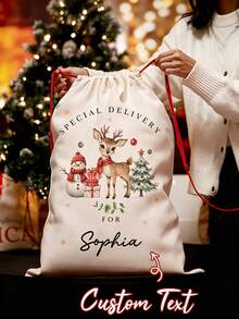 Customized Santa Claus Gift Bag, Customized Christmas Party Gift Bag, Customizable Name/Text, Train And Snowflake Pattern, Lightweight And Durable, Foldable Travel Makeup Storage Bag, Holiday Party Supplies, Christmas Drawstring Gift Bag, Christmas Countdown Bag, Fun Design, Perfect For Celebrations And Party Gifts (Random Drawstring Color) - Multicolor - View 4