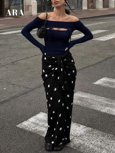 ARA CHIC Women Fall Off Shoulder Long Sleeve Crop Top, Front Cutout With Tie Knot Detail Ribbed Slim Fit Y2K Blouse For Daily Street Casual Wear