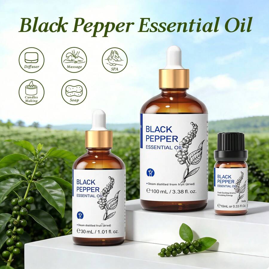 HIQILI Black Pepper Essential Oil, Pure Spicy Aroma, 100mL/30mL/10mL Black Pepper Oil Can Be Used For Massage, Aromatherapy, Humidifier, Air Purification, Fatigue Relief, Relaxation, Bathing, Suitable For Outdoor Spraying - Black Pepper - View 1