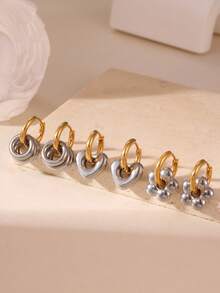 GEREIT 2pcs 18K Gold Stainless Steel Dual-Tone Heart & Flower Hoop Pendant Earrings - Multicolor 1 - View 1