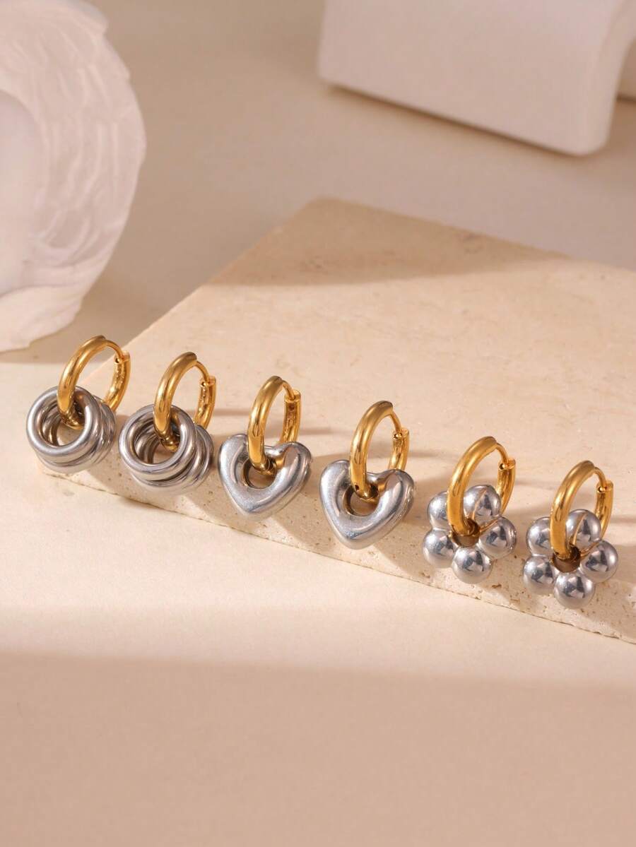 GEREIT 2pcs 18K Gold Stainless Steel Dual-Tone Heart & Flower Hoop Pendant Earrings - Multicolor 1 - View 1
