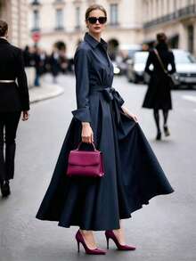 Women's Autumn Vintage Style Elegant Dress, Single-Breasted Design, Graceful And Flowy, Suitable For Outings, Business, Basic, Back To School - Royal Blue - View 2
