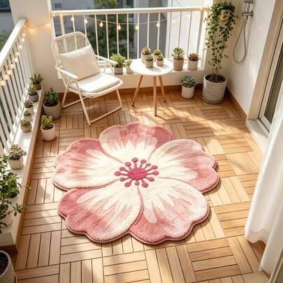1pc Pink Large Flower Rug, Soft Petal Shaped Mat, Pink And White Gradient, Flower Center Detail, Looks Great In Home, Atmospheric Flower Rug, Hand-Cut With 1-5cm Error, Decorative Rug, Bedroom Decor, Small Rug, Rug, Home Decor, Living Room Rug, Bedroom Rug, Outdoor Rug, Washable Rug