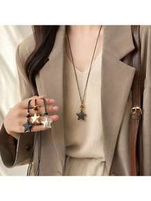 1pc Colorful Five-Pointed Star Pendant Wax Rope Pull Necklace, Luxury High-End Style, Autumn/Winter Sweatshirt Chain, Long Sweatshirt Chain Accessory - Necklace - View 2