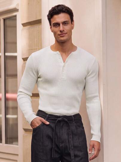 Men Fall Henley Neck Ribbed Knit Pullover, Elegant Slim‑Fit Knitwear For Holiday Festival & Daily Urban Outfits
