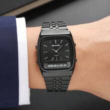 SKMEI 2585 Stainless Steel Dual Time Luxury & Fashion Watch Simple Pointer Big Dial Watches For Men - Black - View 4
