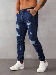 Impala Pantalones Pitillo Elásticos Rotos para Hombre, Dos Colores Azul Claro y Azul Oscuro, Estilo Urbano Desgastado - Azul lavado oscuro - Ver 2