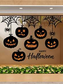1pc Halloween Pumpkin Window Sticker, Pumpkin Silhouette And Spider Web Glass Decal, Halloween Holiday Decoration Window Sticker, PVC Non-Adhesive Static Cling Sticker, Home Decor Holiday Party Setup Window Sticker - Black - View 5