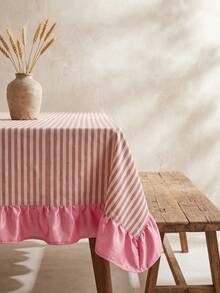 1pc White Base Red Striped Pink Ruffle Edge Tablecloth, Fresh Natural Style Fabric Rectangular Pink Ruffle Edge Patchwork Detail Decorative Functional Dining Tablecloth Suitable For Daily Home Dining And Fresh Home Decor Scenes - Red - View 2