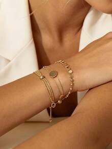 3pcs Gold Round Pendant Bracelet Set, With Sequin Tassel Decoration, Metal Disc Bracelet, Minimalist Style, Adjustable Size, Suitable For Daily Wear, Commuting And As Versatile Gift For Girlfriend, Family, Friends - Bracelet - View 1