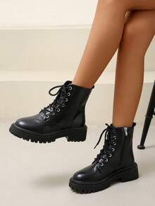 Women's Fashion Combat Boots, Round Toe Lace-Up Side Zipper Ankle Boots, Multi-Functional Outdoor Non-Slip Shoes, Western Style Lace-Up Metal Eyelets Side Zipper - Black - View 2