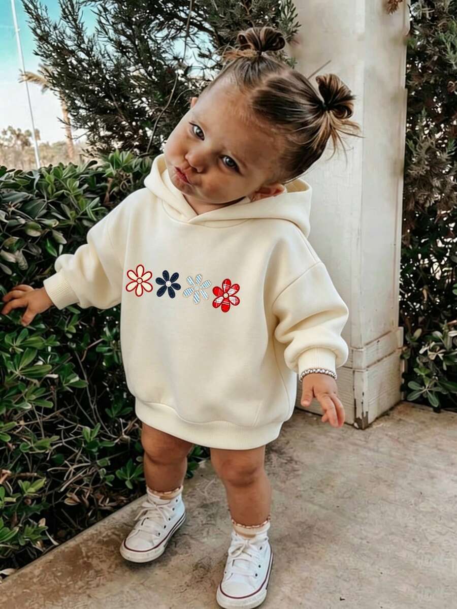Girls Plaid Stripe Daisy Floral Front Print Hoodie, Soft Casual Pullover - Apricot - View 1