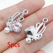 5/20pcs Silvery Plated Pink Rhinestone Charms Ballerina Fairy Butterfly Bear Moon Star Bow Shell Pendant For DIY Necklace Earring Jewelry Making - Pink - View 13