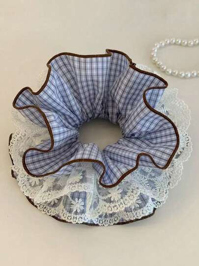 1pc Korean Style Blue Plaid Pattern Lace Trim Four-Layer Hair Clip, Suitable For Women To Wear, Suitable For Ponytail Hairstyle, Cute And Sweet Design, Suitable For Summer, Vacation Or Travel Wear, As A Fashion Accessory.
