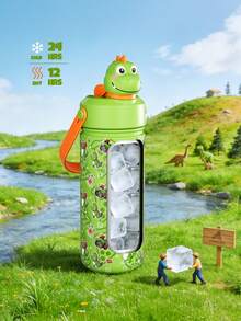 Powcan 12oz 不鏽鋼保溫隨行杯：2合1吸管杯蓋、防漏、易清洗，適合學校、旅行、休閒與禮品 - 綠色霸王龍 - 查看 2