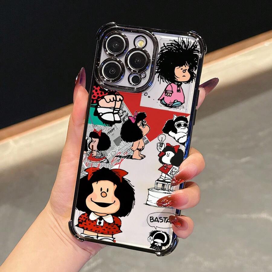 Funda de teléfono de lujo europea y americana, semitransparente, con diseño de dibujos animados, elegante, con lazo, estilo Mafalda, adecuada para iPhone 16, 16e, 15, 14, 13, 12 Mini, 11 Pro Max, X, XR, XS Max, 8, 7 Plus, con marco negro, cubierta trasera transparente anticaída, diseño premium. - Color 1 - Ver 1