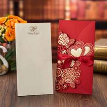 1set Laser Cut Wedding Invitations Card Heart Customize Greeting Cards With Ribbon Bridal Shower Wedding Party Supplies - View 11