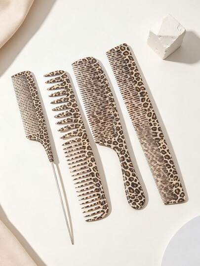 4pcs/3pcs/1pc Leopard Print Hair Comb Set, 4Pcs Professional Hair Styling Combs Kit, Wide Tooth Detangling Comb, Fine Tooth Cutting Comb, Metal Tail Rat Tail Comb For Hair Salon Home Hairdressing, Anti‑Static Hair Brushes For Women Daily Hair Grooming