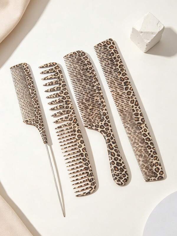 4pcs/3pcs/1pc Leopard Print Hair Comb Set, 4Pcs Professional Hair Styling Combs Kit, Wide Tooth Detangling Comb, Fine Tooth Cutting Comb, Metal Tail Rat Tail Comb For Hair Salon Home Hairdressing, Anti‑Static Hair Brushes For Women Daily Hair Grooming