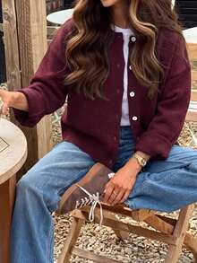 Just Masa Women's Fall Casual Button Front Sweater Cardigan, Solid Color Long Sleeve Round Neck Loose Sweater, For Daily Wear, Going Out, Office Travel, Date - Burgundy - View 5
