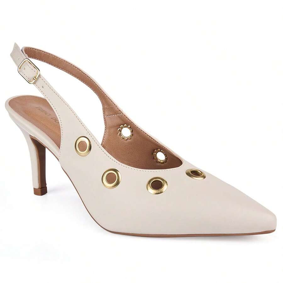 Scarpin Slingback Feminino Bico Fino Salto Médio 7,5cm Detalhe Ilhós Elegante Festa Trabalho Luxo