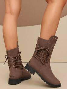 Fashionable Western Boots, Brown Lace-Up Mid-Calf Boots. Rivet Decor Side Zipper Non-Slip Thick Sole Autumn/Winter Workwear Style Casual Women's Boots. Back Zipper Lace-Up Design Motorcycle Boots - Rust Brown - View 6