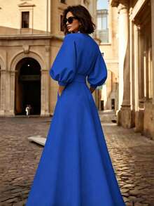 Solid Color Printed Belt Decor V-Neck Puff Sleeve A-Line Maxi Dress Summer Elegant - Blue - View 2