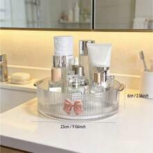 1pc 360° Rotating Transparent Cosmetic Storage Box + Bowknot Decoration/Multifunctional Cosmetic Storage Rack, Suitable For Skincare, Lipstick, Perfume, Jewelry, Etc., Perfect For Dorm And Bathroom Vanity - View 2