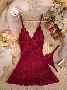 Women's Floral Lace 2 Pieces Lingerie Set, V-Neck Spaghetti Strap Ruffle Nightgown With Matching Thong - Burgundy - View 3