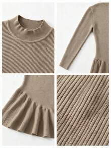 SEREN Women's New Semi-High Neck Fitted Long Sleeve Knit Dress, Ruffle Patchwork Design Short Dress, Autumn Fashion Outfit - Camel - View 7