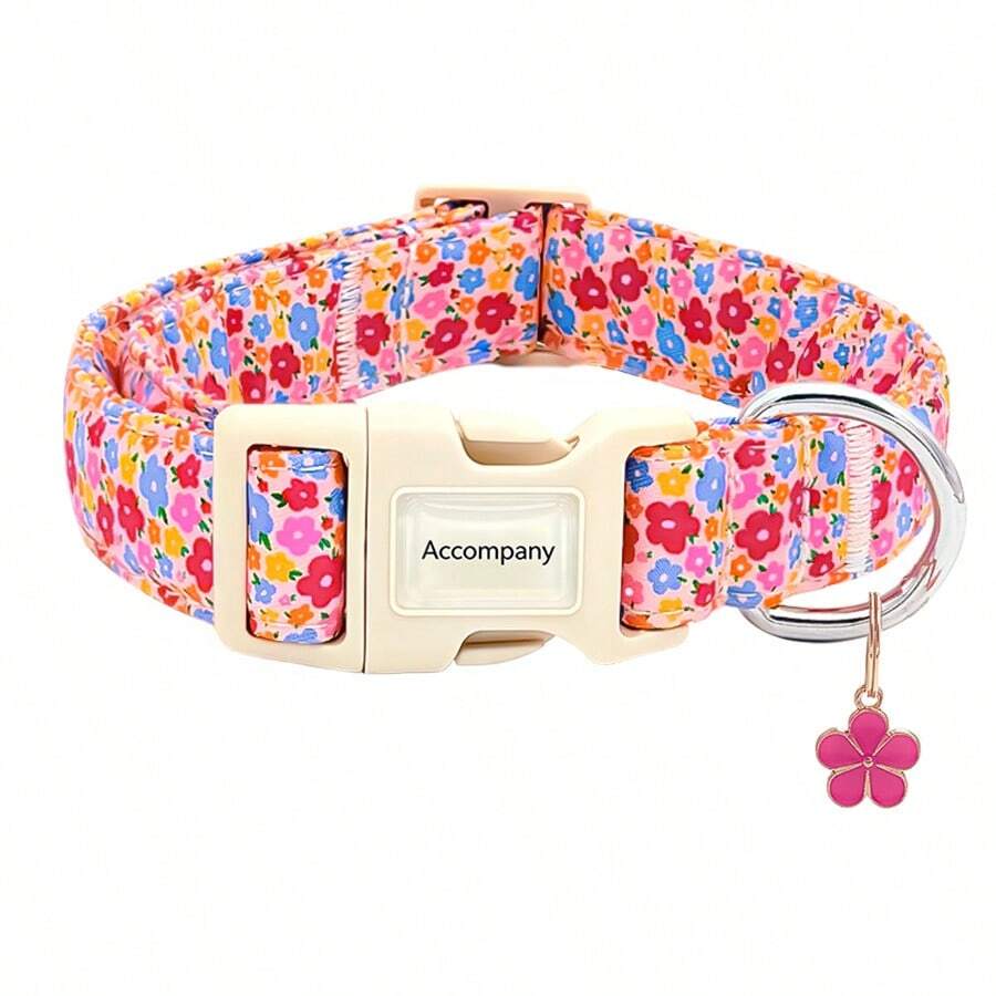 Girl Colorful Floral Print Dog Collar, Adjustable Buckle, Skin-Friendly Non-Choking, Universal For Small, Medium And Large Dogs, Pet Decorative Neck Collar, Qixi Festival, Easter, Holiday Dress-Up Accessory - Pink - View 1
