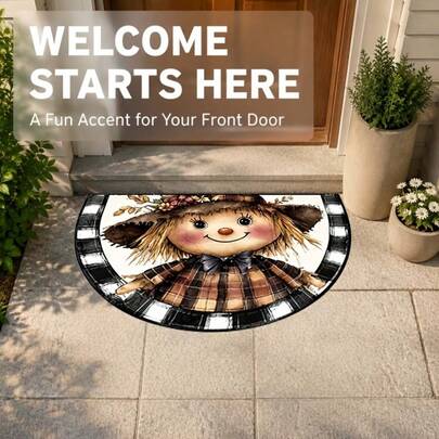 1pc Autumn Scarecrow Semi-Circle Doormat, Vintage Plaid Harvest Theme Entryway Mat, Black And White Plaid Border, Autumn Harvest Theme, Instant Atmosphere, Hand-Cut With 1-5cm Error, Autumn Doormat, Doormat, Small Rug, Welcome Mat, Carpet, Floor Mat, Outdoor Doormat, Kitchen Rug, Home Decor, Front Door Mat, Area Rug, Outdoor Mat, Home Decor, Area Carpet, Garden Rug, Autumn/Winter Carpet, Washable Carpet