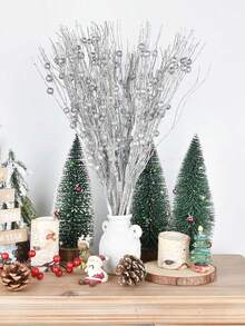 6pcs Silver Glitter Christmas Tree Decorative Branches With Berries And Artificial Flowers, Suitable For Holiday, Wedding, Party, Tabletop Decor, DIY Decoration Accessories, Christmas Tree And Christmas Plant Decoration - Silver - View 5