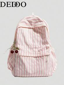 Dedoo Striped Student Backpack, Lightweight Washed Fabric, Front Pocket With Drawstring Side Pockets, Large Capacity Storage, Fresh Korean Style, Suitable For Teenage Girls Daily Use - Multicolor - View 1