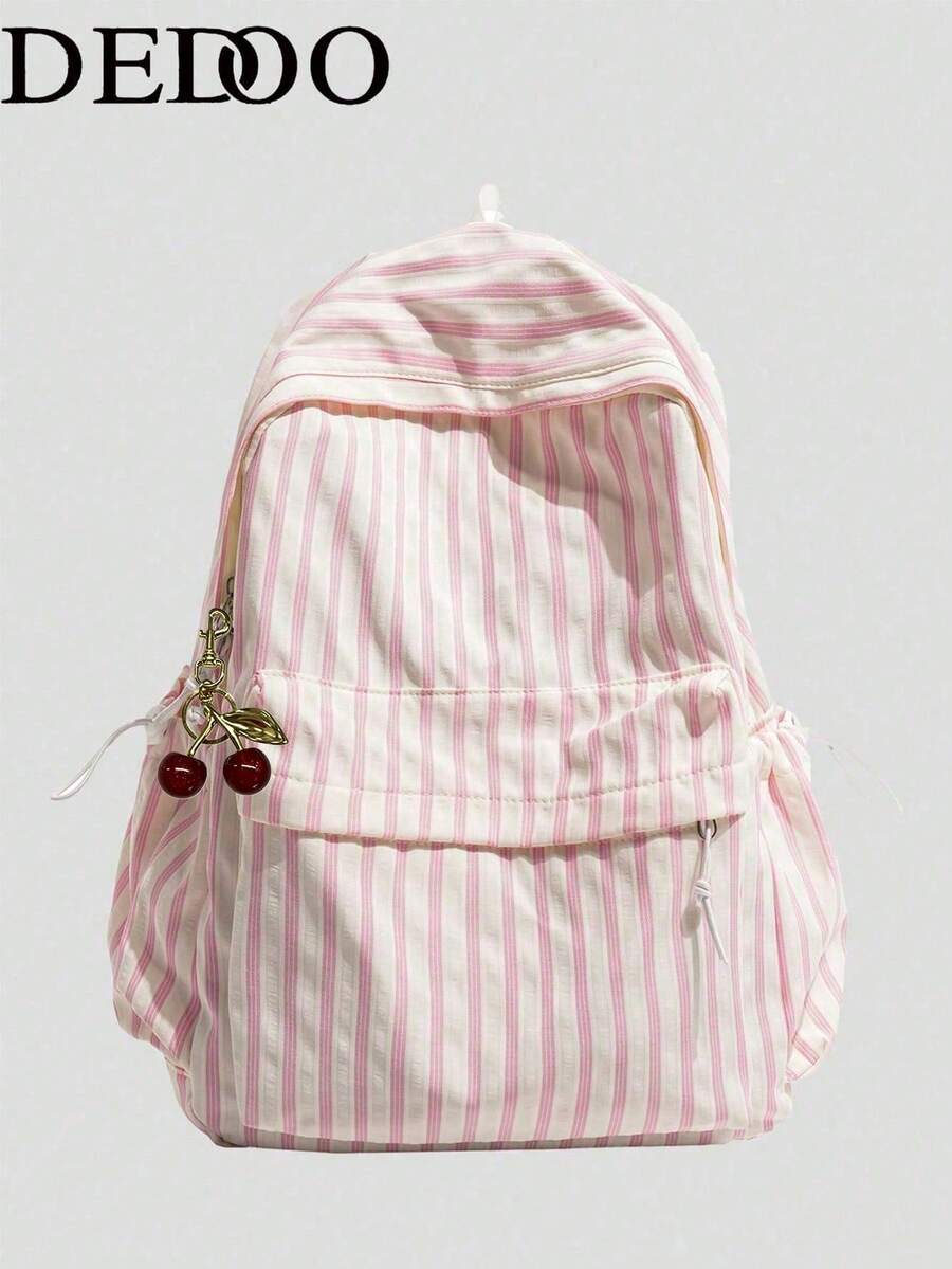 Dedoo Striped Student Backpack, Lightweight Washed Fabric, Front Pocket With Drawstring Side Pockets, Large Capacity Storage, Fresh Korean Style, Suitable For Teenage Girls Daily Use - Multicolor - View 1