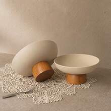 1pc 7.87/9.06inch Thick Ceramic Round Fruit Plate With Solid Wood Feet, Exquisite Dried Fruit Plate Dessert Plate, Creative Cake Plate Front Desk Candy Fruit Plate, Desktop Storage High Foot Plate - Stoneware+Brown - View 8