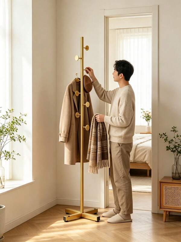 Vertical Iron Wardrobe With Multiple Hooks And A Stable Cross-Shaped Base; It Takes Up Little Space, Is Available In Various Colors, And Is Ideal For Storing Clothes, Hats, And Bags In Living Rooms And Bedrooms.