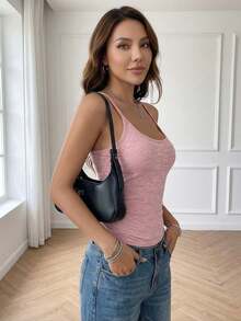 1pc Spring/Summer Large U-Neck Backless Tank Top, 2-In-1 Built-In Cup Pads Camisole, Casual Slim Fit Outerwear/Base Layer Top For Women - Pink - View 6