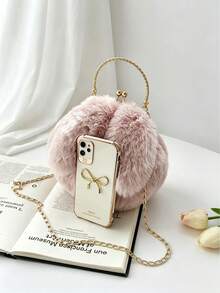 Soft Cute Healing Sweet Style Girl Plush Round Bag With Metal Handle Chain Crossbody Bag, Bubble Skirt Matching Small Bag For Autumn/Winter - Multicolor - View 6