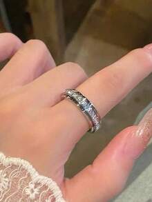 1pc Stainless Steel Rotatable Double Circle Square Diamond "Time Flies" Ring, Constellation Couple Ring, Suitable For Daily Wear & Stress Relief - Multicolor - View 7