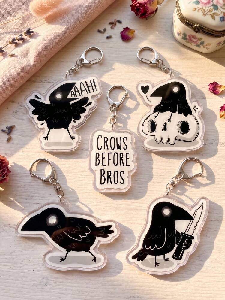 1pc/5pcs Six Of Crows Acrylic Keychain, Gothic Style Crow Acrylic Keychain Pendant, Funny Crow Shaped Charm, Interesting Pattern Bag Charm, Backpack Decoration, Perfect Gift For Oddity Lovers And Friends Who Like Gothic Accessories, Book Fans And Series Merchandise Collectors - Multicolor - View 4