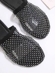Summer New Niche Minimalist Hollow Rhinestone Flat Slide Sandals For Women, Fashionable Slip-On Mesh Breathable Closed-Toe Half-Slippers - Black - View 5