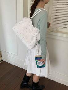 Polka Dot Print Tote Bag With Star Charm, Large Capacity Storage, Adjustable Drawstring, Sweet Casual Style, Handheld And Shoulder Carry, Suitable For School, Commute, Shopping, Travel, Daily Use, Fresh Atmosphere, Easy To Match With Various Outfits, Practical And Stylish - White - View 7