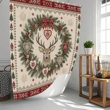 1pc/4pcs Christmas Reindeer Wreath Multi-Functional Bathroom Decor Shower Curtain Set, Free 12 Hooks, Premium Holiday Atmosphere, Bathroom Mat U-Shaped Floor Mat And Round Toilet Lid Cover, Suitable For All Christmas Scenes Decoration - Reindeer Wreath - View 2