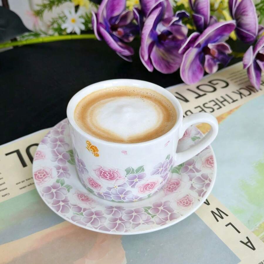 New 250ml Floral Ceramic Coffee Cup And Saucer Set, European Style Afternoon Tea Set, For Home Daily Use And Gifting - Mauve Purple - View 1