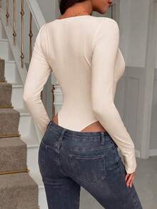 GLAMSKIN Women's Summer/Autumn Basic Solid Color Deep V-Neck Long Sleeve Fitted Bodysuit, Y2K Sexy Slim Fit Back To School Outing Daily Fall - Apricot - View 2