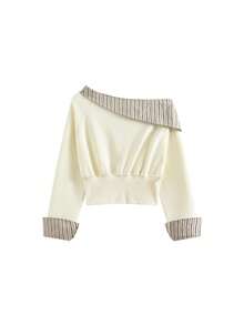 Design Contrast Color Striped Patchwork Asymmetrical Shoulder Long Sleeve Sweatshirt Women's Autumn Slim Fit Flattering Versatile Top - Beige - View 6