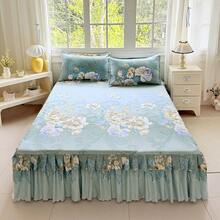 3pcs New Printed Ruffle Edge Christmas Green, Peony Flower, Soft Comfortable Breathable Bed Skirt Set (Bed Skirt*1, Pillowcase*2, Pillow Core Not Included) Bed Skirt Bed Cover Bed Sheet Mattress Protector Double Layer Ruffle Edge Decoration Cozy Room, Hot-Selling Style Machine Washable, Multiple Sizes Available, All Seasons Use, Holiday Gift, Made In China - Mint Green - View 4