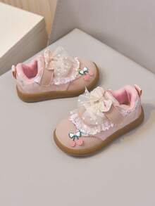 Girls Style First Walker Shoes, Lace Mesh Large Bow Soft Sole Hook And Loop Baby Shoes - Pink - View 5